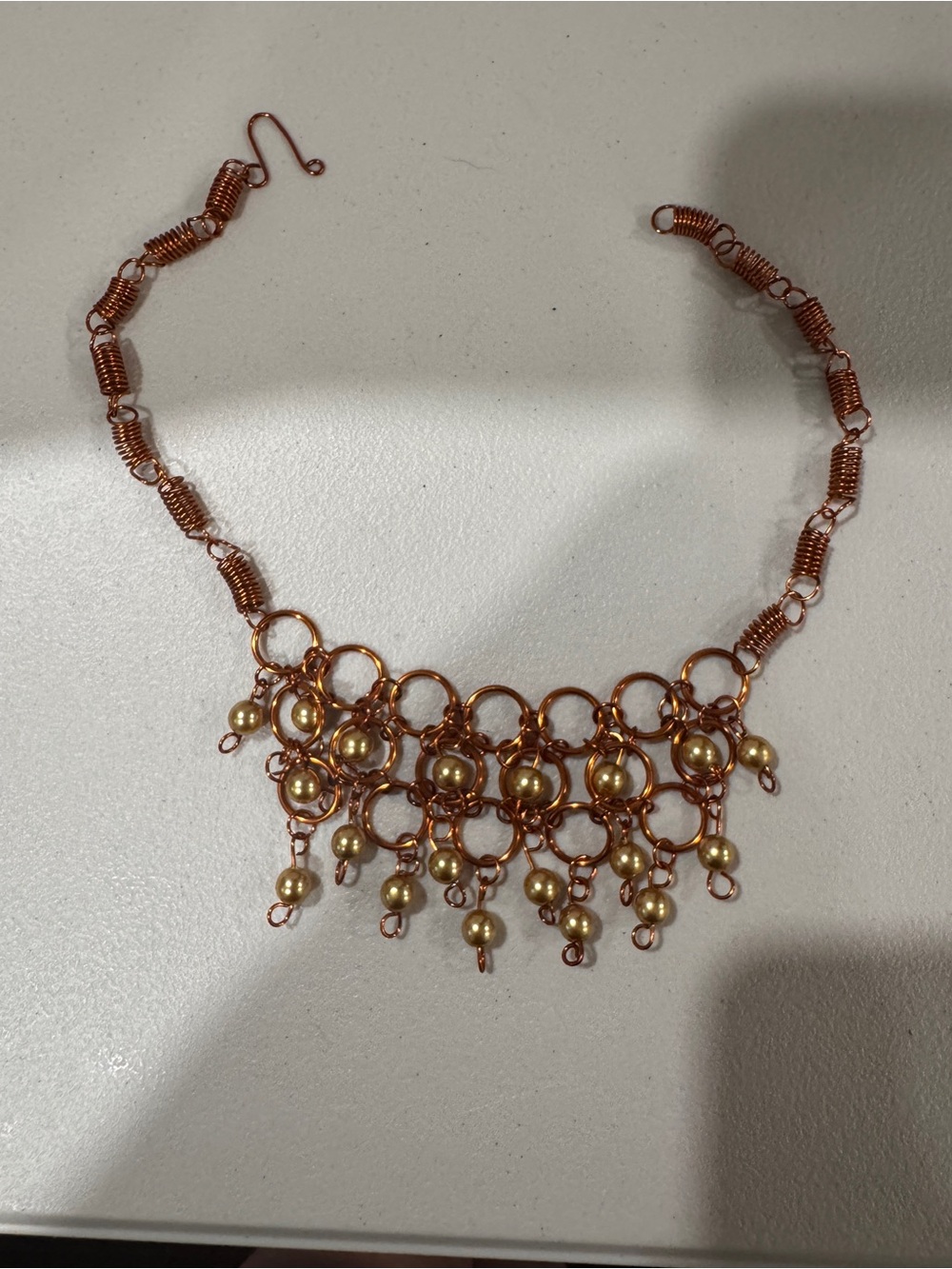 Copper Chainlink Choker Necklace with Gold Pearl Fringe